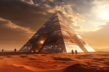 Sci-fi scene of futuristic matrix pyramid on mars