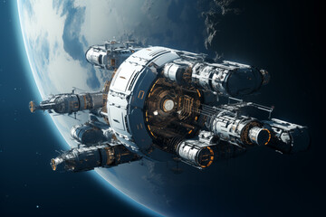 Huge spaceship in orbit of planet.