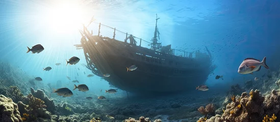 Wall murals Shipwreck A sunken cargo ship is surrounded by a swarm of fish in the turquoise waters of the Caribbean Sea under the bright sun.