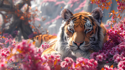 fantasy landscape with magic tiger on natural background