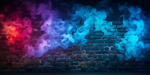 Background room fog abstract light smoke space neon rays blue hall A dimly lit room with walls neon light smoke and a radiant glow Brick wall smoke coming out of the top