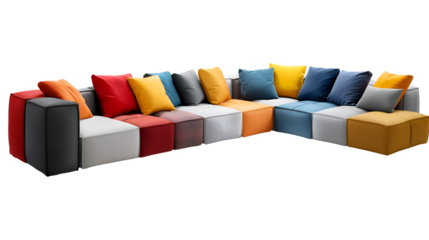  Vibrant solid color cushions arranged artfully on a sleek and modern gray sectional The round cushion positioned, its vibrant sunburst pattern serving, Transparent background