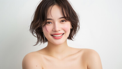 Obraz premium A young Asian woman with a short haircut presents a soft, subtle smile while standing against a white backdrop, her shoulders bare, emanating a sense of casual elegance and simplicity.