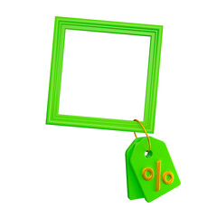 Square frame with green discount tag for sales isolated. Offer promotion mockup. 3d rendering