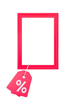 Red frame with discount tag for sales isolated. Offer promotion mockup. 3d rendering