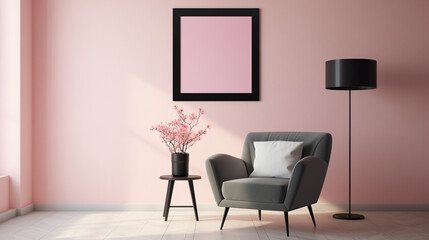 Contemporary Room Decor with Gray Armchair and Pink Accents against Soft Pink Wall