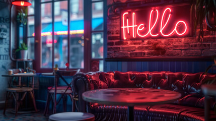 Neon Glowing Red Light Inscription Hello in a cafe