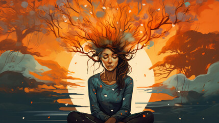 Fantasy illustration of a woman sitting on the lake at sunset, her hair turning into branches