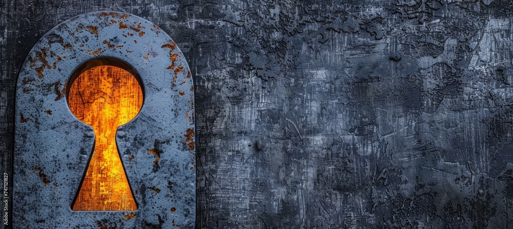 Poster Mysterious keyhole with light shining through on dark background   copy space available for text