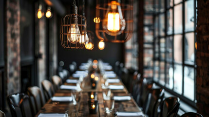 Naklejka premium A row of hanging caged light bulbs dangles above a long wooden table in a factoryturnedrestaurant giving off a vintage vibe.