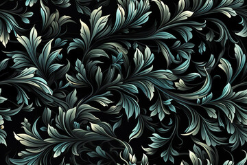 seamless pattern with leaves and branches of plants on black background. Repeating ornament for the decoration of fabrics and textiles