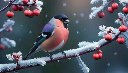 Bullfinch Bird Amidst Snowflakes: A Serene Winter Backdrop