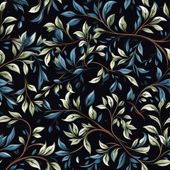 seamless pattern with leaves and branches of plants on black background. Repeating ornament for the decoration of fabrics and textiles