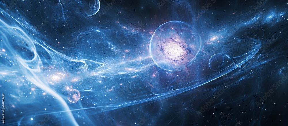 Poster an artistic computer-generated image of a galaxy in deep space, featuring electric blue hues and a d