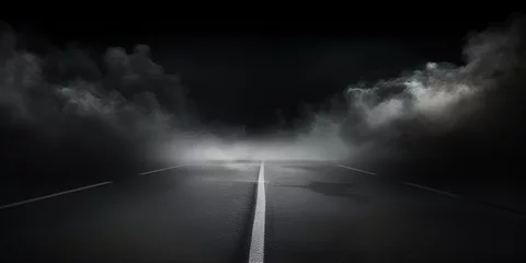 Fototapeten empty asphalt road with fog, Dark street, wet asphalt, reflections of rays on road. Abstract dark blue background, smoke, smog. Empty dark scene, neon light, spotlights © iqra