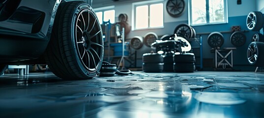 Fototapeta premium tires, brakes and wheels sitting on the floor in the car workshop