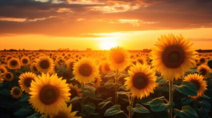 Beautiful panoramic view of the sunflower field in the rays of the setting sun. Yellow sunflower close-up. Beautiful summer landscape with sunset and blooming meadow, the concept of a rich harvest.