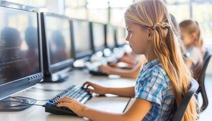 Diverse group of children sitting together learning computer in school classroom setting