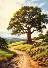 Single tree with nature and blue sky background