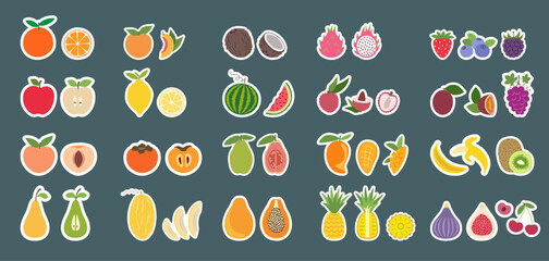 Stickers with fruits and berries in flat cartoon design. Collection of isolated fruits and berries. Vector illustration of strawberry, cherry, blackberry, blueberry, grapes, papaya, fig, melon, etc.