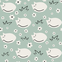 cute hand drawn cartoon character sleeping cat in the meadow seamless vector pattern background illustration with daisy flowers and grass - 747122688