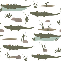 cute hand drawn cartoon character funny crocodile seamless vector pattern background illustration - 747122691
