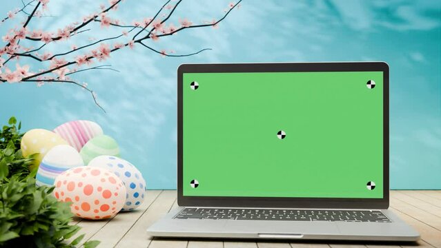 green screen laptop close-up animation, Easter composition, blue background, sakura branch, eggs, 4k seamless loop, chroma key