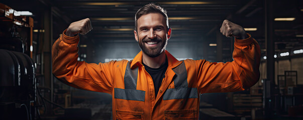 Happy worker wear orange vest in warehouse.