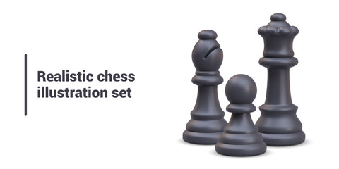 Set of realistic black chess pieces. Queen, bishop, pawn. Vector composition on white background