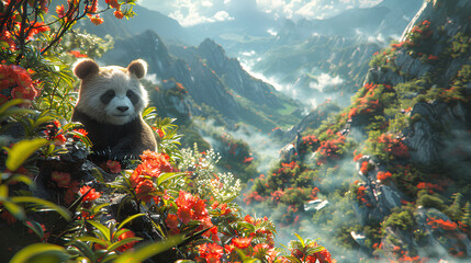 fantasy panda and flowers on natural background - obrazy, fototapety, plakaty