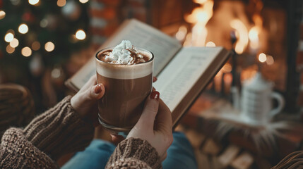 Woman with glass of hot cocoa and book.