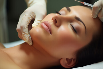 A woman in an aesthetic beauty center, lying on the table ready to inject botox into her cheekbones - obrazy, fototapety, plakaty