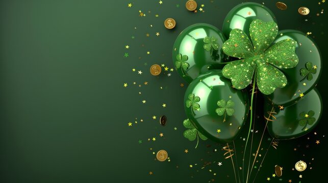 Stpatrick s day festive banner with irish colored balloons, clover, gold coins on green background.