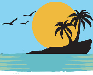 Fototapeta na wymiar tropical island with palm trees, sun raising and some birds