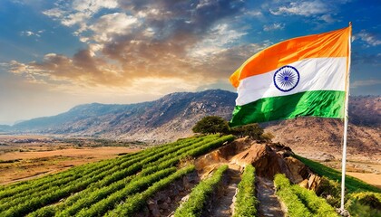 Indian flag in the iconic beautiful mountain landscape with farms