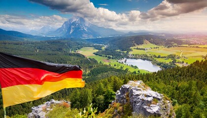 German flag in the iconic beautiful alpine mountain landscape with a lake