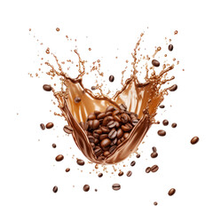 Coffee splash with coffee beans isolated on transparent background