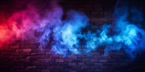 Brick wall neon light smoke. Empt dark background - obrazy, fototapety, plakaty
