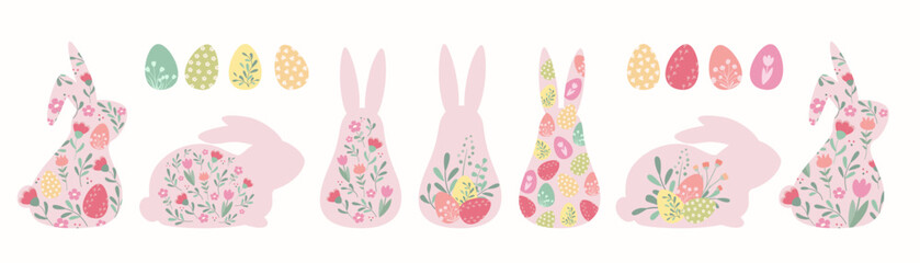 Cute easter collection in simple design. Easter bunny and easter eggs set in vintage style.