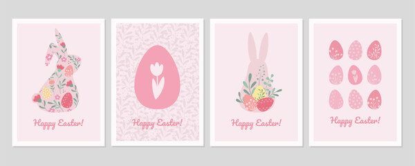 Easter cards set in simple vintage design.Easter bunny and Easter eggs vector llustrations.