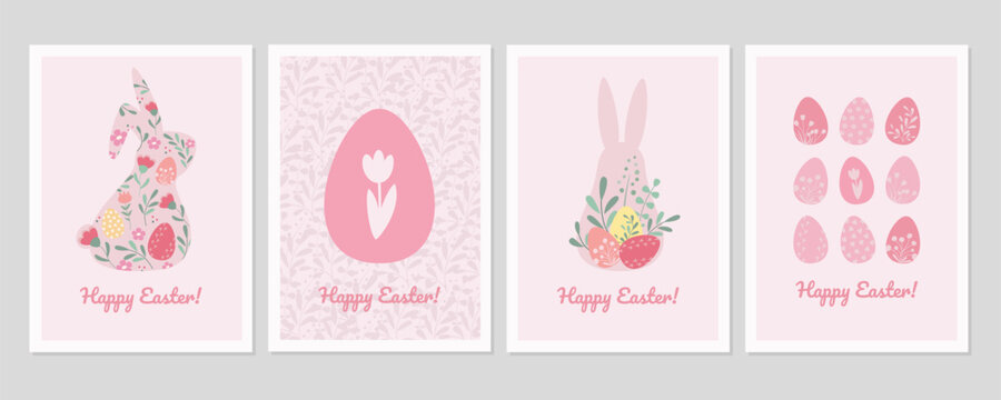 Easter cards set in simple vintage design.Easter bunny and Easter eggs vector llustrations.