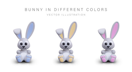 Set of 3D bunny in sitting position. Decorative Easter element