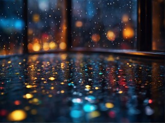 Colorful lights in rain on street infront of windows background. Bokeh effect lights rain wallpaper.