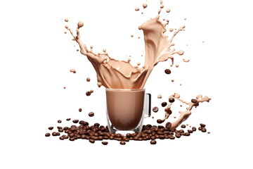 Chocolate milk splash with coffee beans isolated on transparent background - obrazy, fototapety, plakaty