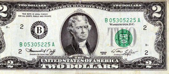 Large fragment of the Obverse side of 2 two dollars bill banknote series 1976 with the portrait of...