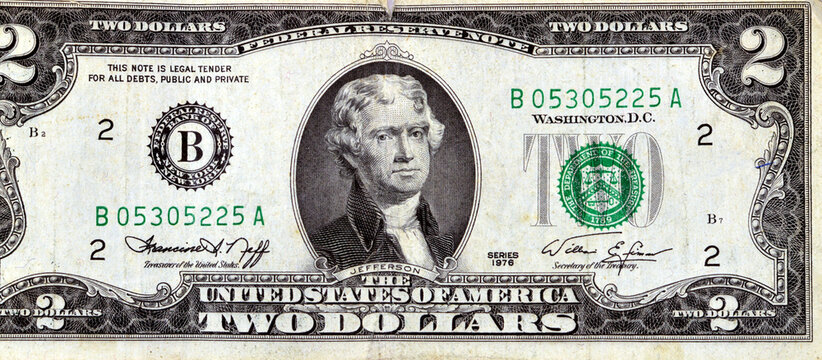 Large fragment of the Obverse side of 2 two dollars bill banknote series 1976 with the portrait of president Thomas Jefferson, old American money banknote, vintage retro, United States of America - Powered by Adobe