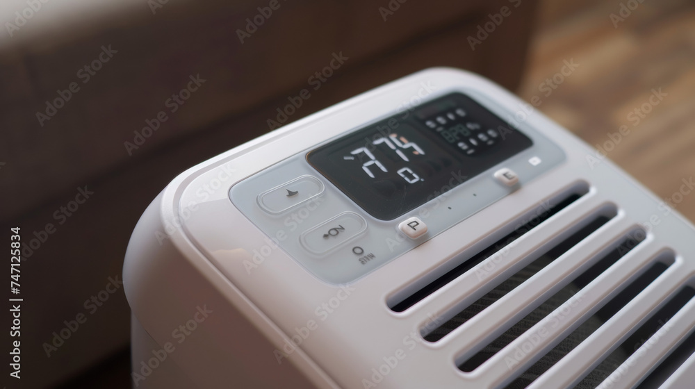 Poster a closeup of the remote control for a portable air conditioner with clearly labeled buttons and a co