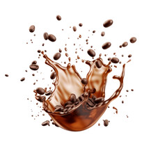 Splash of coffee liquid with coffee beans