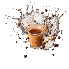 Splash of coffee liquid with coffee beans