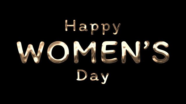 Happy Women's Day animation with pop up text effect using gold font and black background. Perfect for Women's Day celebrations around the world. 4k video greeting card.